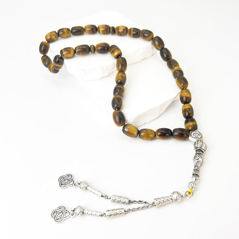 Prayer Beads Made from Tiger's Eye Stone - 33 Beads - Yellow Color - 15 mm