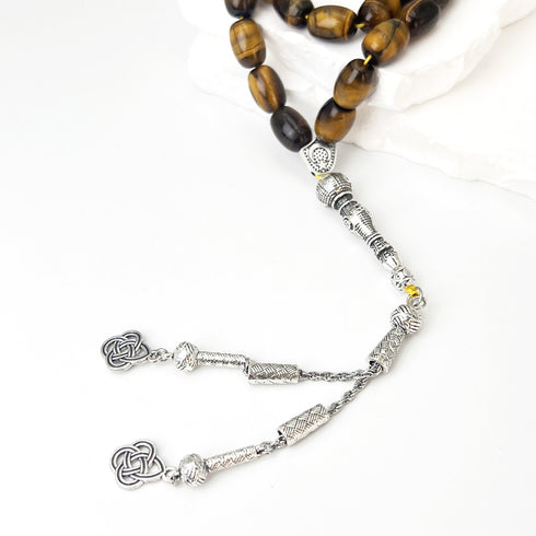 Prayer Beads Made from Tiger's Eye Stone - 33 Beads - Yellow Color - 15 mm