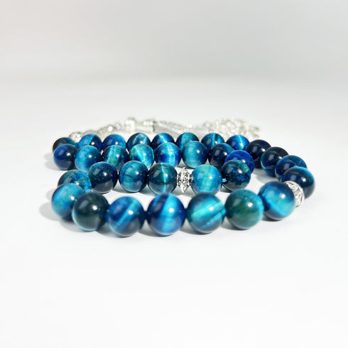 Elegant misbaha prayer beads made from natural blue tiger's eye stone - 33 beads with a diameter of 10 mm - handwoven and precisely designed by the most skilled artisans