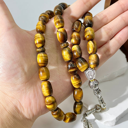 سبحة من حجر العين النمرية - 33 خرزة- اللون الأصفر - 15ملم - Misbaha Shop