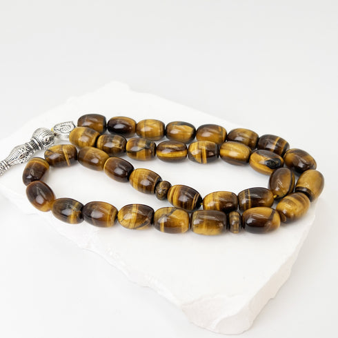 Prayer Beads Made from Tiger's Eye Stone - 33 Beads - Yellow Color - 15 mm