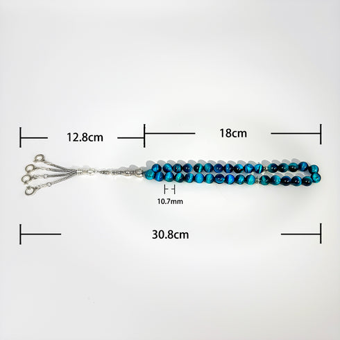 Elegant misbaha prayer beads made from natural blue tiger's eye stone - 33 beads with a diameter of 10 mm - handwoven and precisely designed by the most skilled artisans