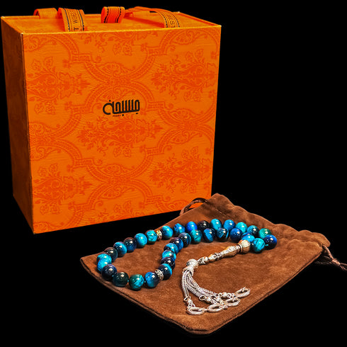 Elegant misbaha prayer beads made from natural blue tiger's eye stone - 33 beads with a diameter of 10 mm - handwoven and precisely designed by the most skilled artisans