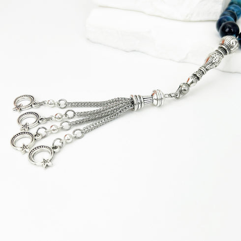 Elegant misbaha prayer beads made from natural blue tiger's eye stone - 33 beads with a diameter of 10 mm - handwoven and precisely designed by the most skilled artisans