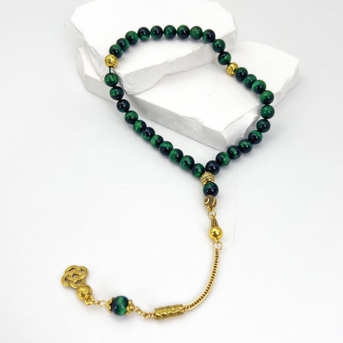 Luxurious Natural Olive Green Tiger Eye Stone Beads - 33 beads - 8 mm, with gold-plated tassel and spacers, handcrafted with high skill