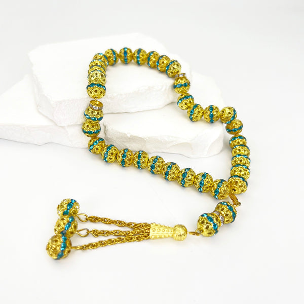 Hollow Alloy Beads set with Blue Diamonds - 33 beads - 10 mm