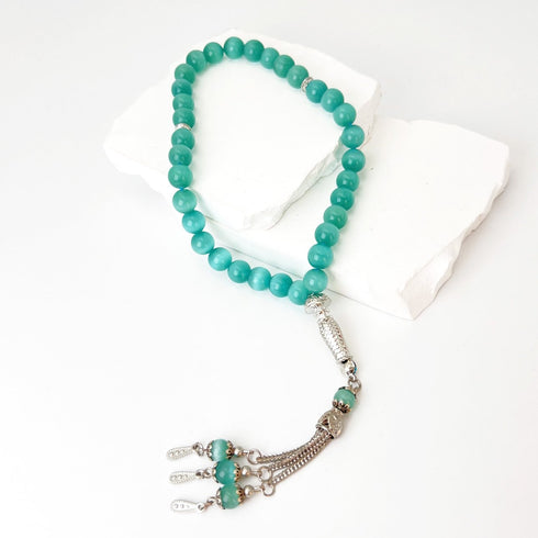 Green Cat's Eye Stone Beads - 33 beads - 10 mm - Handwoven by skilled artisans