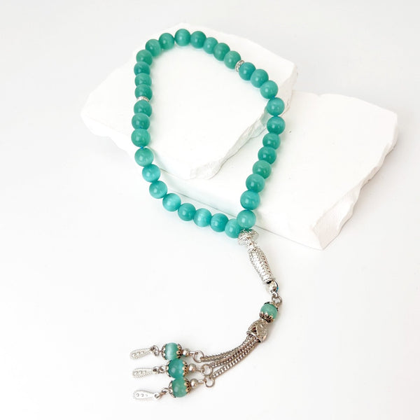 Green Cat's Eye Stone Beads - 33 beads - 10 mm - Handwoven by skilled artisans