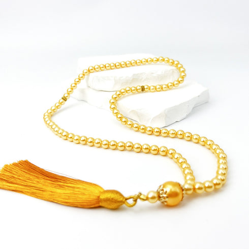 Natural Mother of Pearl Beads coated with gold - 99 beads - 8 mm with high-quality, smooth tassel