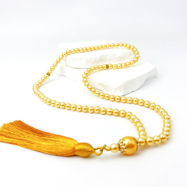 Natural Mother of Pearl Beads coated with gold - 99 beads - 8 mm with high-quality, smooth tassel