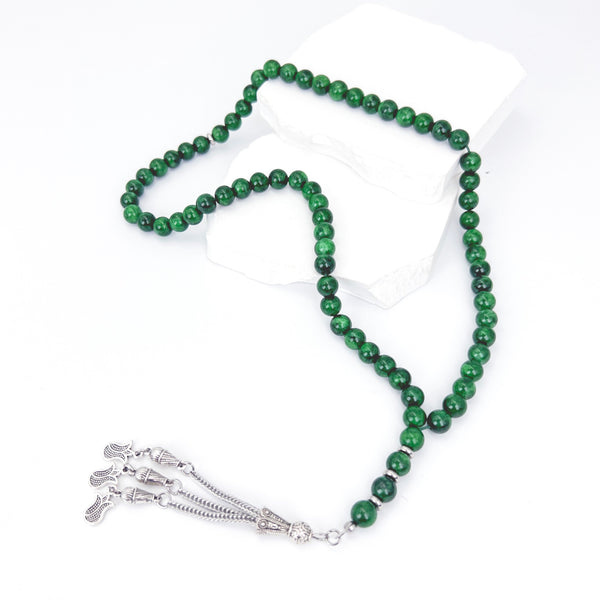 Luxurious Chrysoprase Stone Beads with Emerald Green color, Silver Flower-shaped Tassel, containing 66 beads - 8 mm