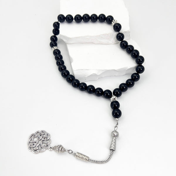 Natural Black Agate Beads - 33 beads - 10 mm, sourced from African minerals, with Silver Tassel and Spacers