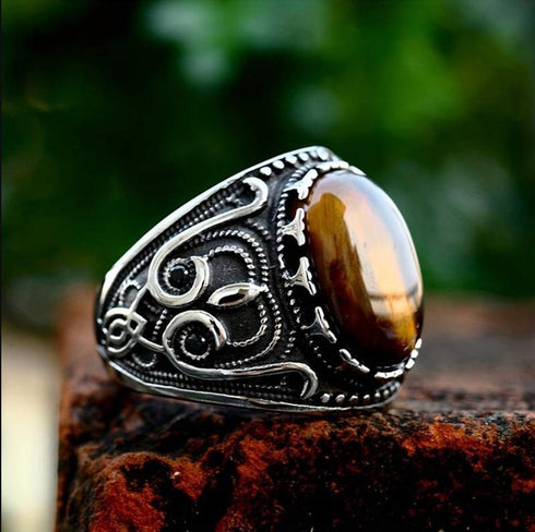 Men's Ring with intricate Owl Talisman design, set with an oval Tiger Eye Stone (Size 11)
