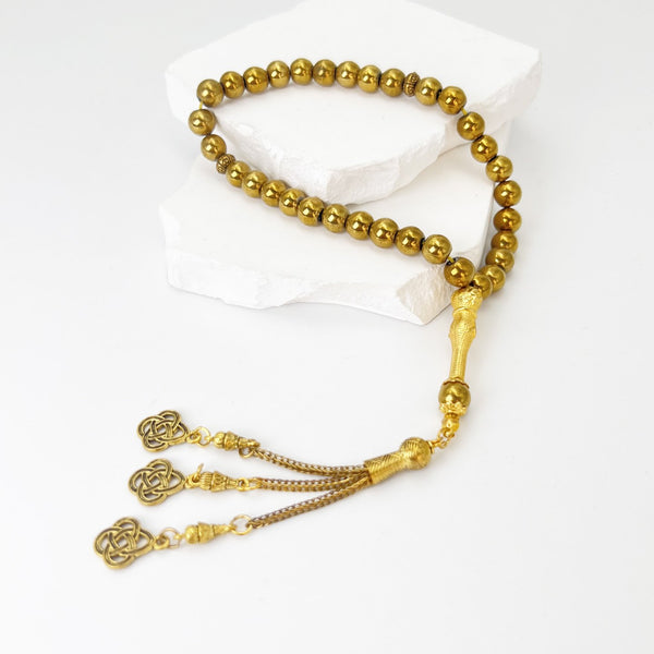 Black Agate Beads coated with gold with gold-plated alloy tassel - 33 beads - 8 mm