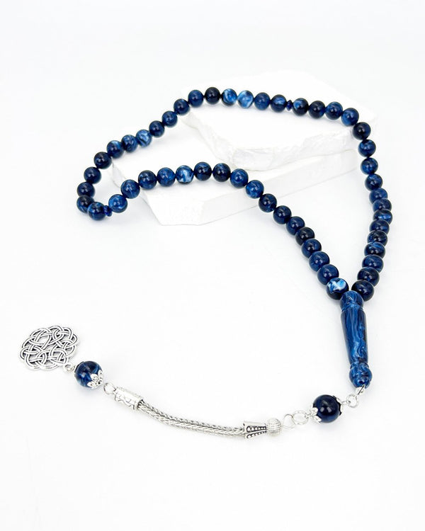 Dark Blue Bakelite Beads with White Pattern - 51 beads - 10 mm