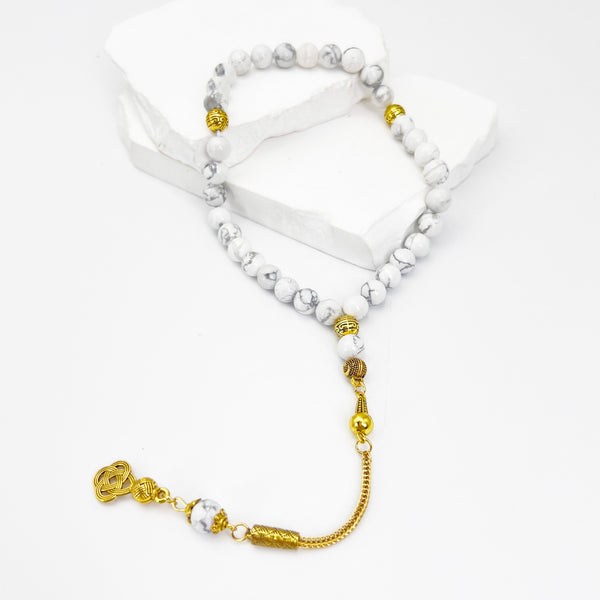 White Howlite Stone Beads - 33 beads - 8 mm with gold-plated tassel