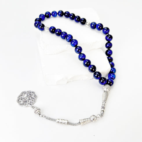 Premium Natural Blue Tiger Eye Stone Beads with Sterling Silver Tassel and Spacers, handcrafted by expert artisans - 33 beads - 10 mm