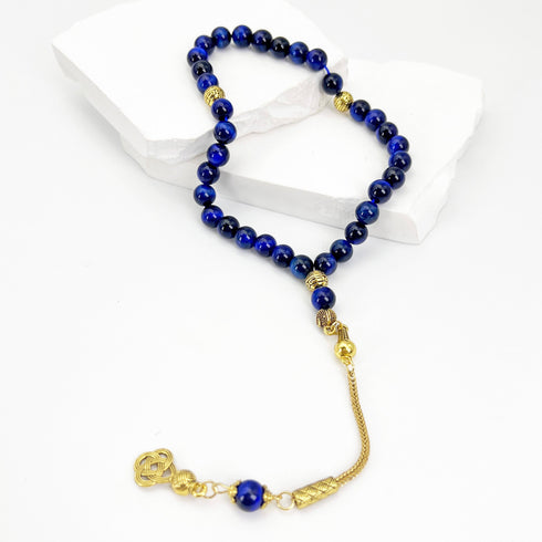 Luxurious Premium Natural Tiger Eye Stone Beads adjusted to Blue, with 33 beads - 8 mm, gold-plated tassel, handcrafted by expert artisans