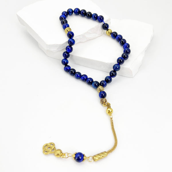 Luxurious Premium Natural Tiger Eye Stone Beads adjusted to Blue, with 33 beads - 8 mm, gold-plated tassel, handcrafted by expert artisans